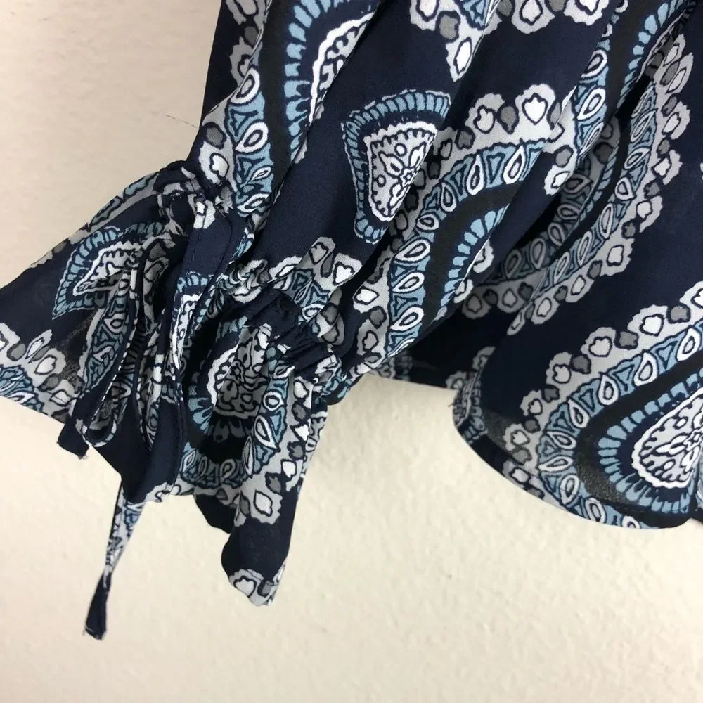 LOFT Paisley Print Drawstring Puff Sleeve Blouse Size S